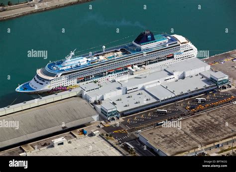 aerial view above Norwegian Cruise Lines NCL Norwegian Sky ship docked Port of Miami Florida ...