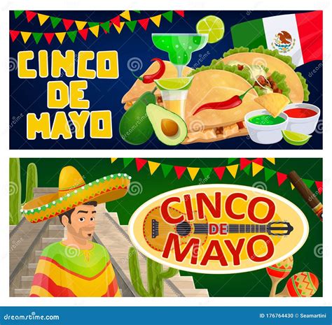 Cinco De Mayo Banners Of Mexican Sombrero Maracas Stock Vector Illustration Of Fiesta