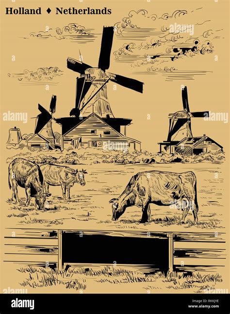 Vector Hand Drawing Illustration Of Landmark Watermill In Amsterdam