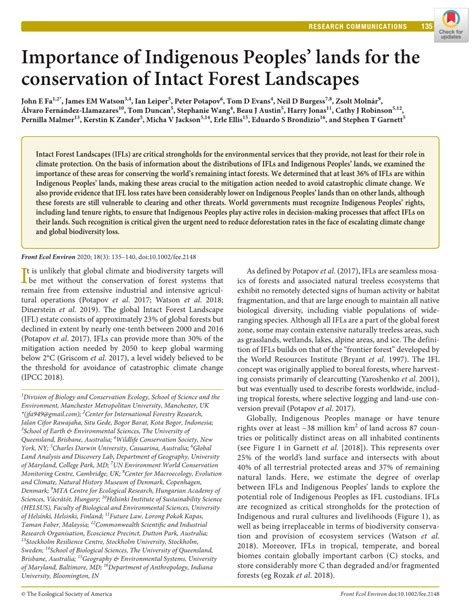 Importance Of Indigenous Peoples Lands For The Conservation Of Intact