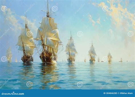 Painting Of A Fleet Of Ships In The Ocean Majestic Vessels Sailing On