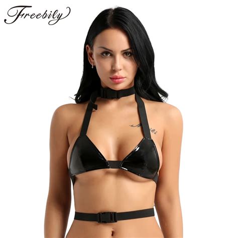 Summer Pu Leather Crop Top Sexy Buckle Top V Neck Halter Tank Top Women Bralette Crop Tops