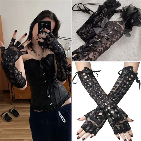 Womens Sexy Elbow Length Punk Fingerless Arm Warmer Goth Black Misa