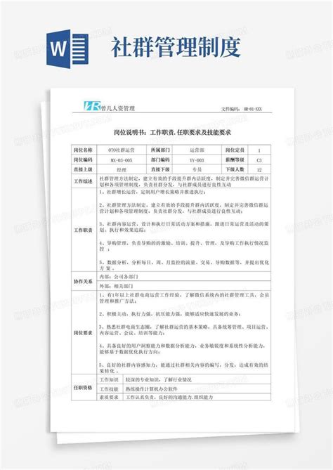 Oto社群运营岗位说明书工作职责和任职要求word模板下载 编号qwynbadq 熊猫办公