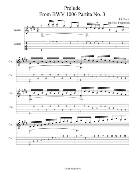 Prelude BWV 1006 Arranged For Guitar Solo Arr Neal Fitzpatrick By J