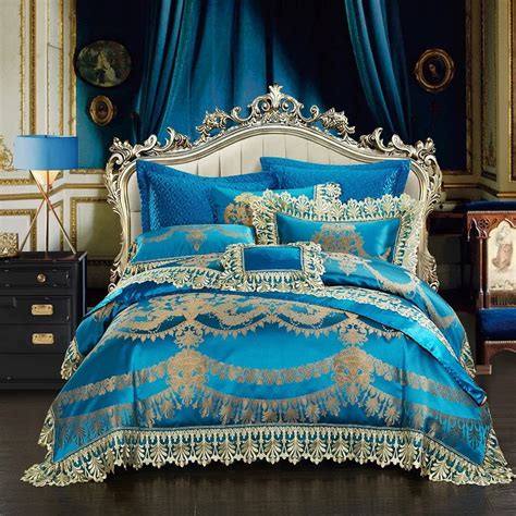 4 6 10pcs Lace Blue Oriental Luxury Duvet Cover Set Wedding Royal Queen