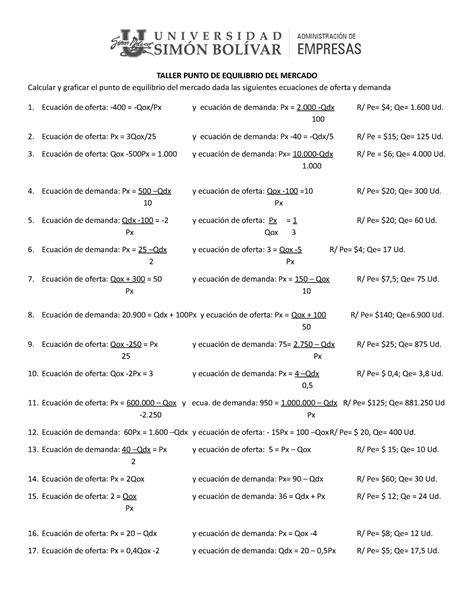 Taller Del Punto De Equilibrio Del Mercado TALLER PUNTO DE EQUILIBRIO