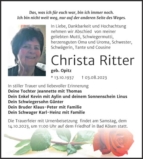 Traueranzeigen Von Christa Ritter Abschied Nehmen De