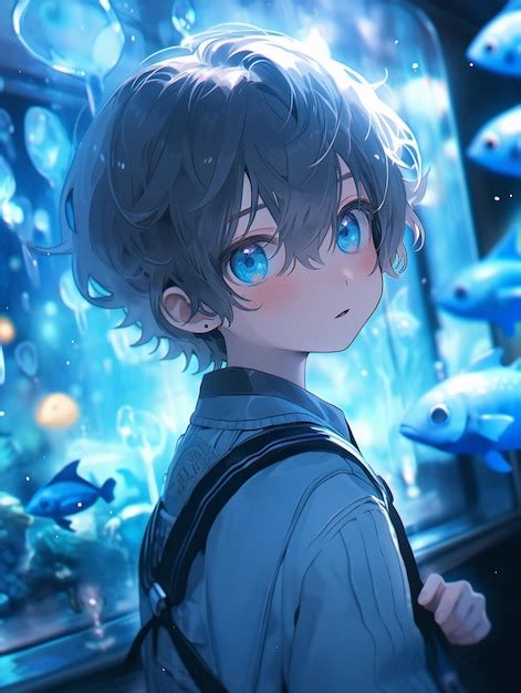 Premium Photo | Anime boy looking at fish in aquarium with blue eyes ...