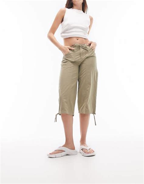 Topshop Low Rise Cropped Capri Cargo Pants In Sage Asos