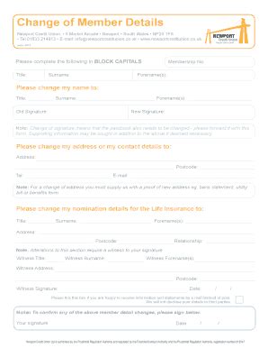 Fillable Online Change Of Member Details Newport Credit Union Fax