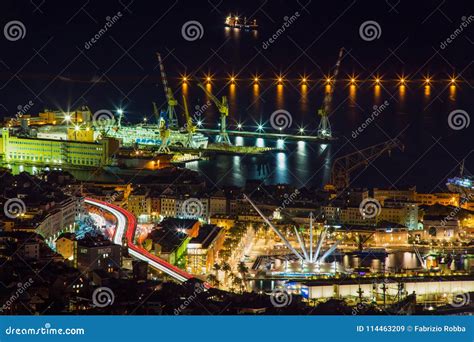 Aerial View Of Genoa By Night Italy The Old Town And Harbor