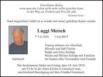 Traueranzeigen Von Luggi Metsch Trauer Merkur De