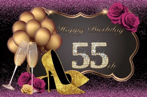 Gold Balloons High Heeled Shoes Roses Happy 55th Birthday Party Background Pro Photo Backdrops