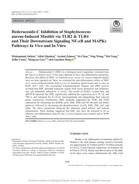 Hederacoside C Inhibition Of Staphylococcus Aureus Induced Mastitis Via