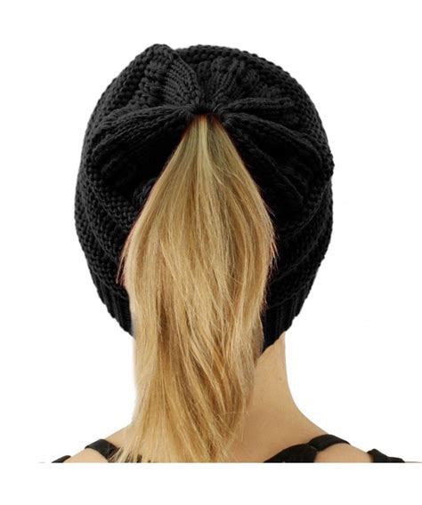 Beanietail Womens Ponytail Knit Messy High Bun Beanie Solid Ribbed Hat