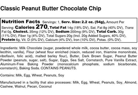 Classic Peanut Butter Chocolate Chip Nutrition Label Sweet Girl Cookies