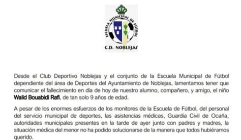 Muere un niño de 9 años en el entrenamiento del CD Noblejas