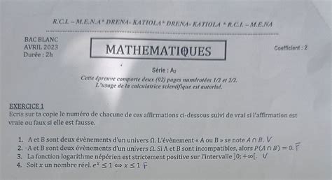 Sujet Et Corrige Bac Blanc Mathematiques Serie A Regional De