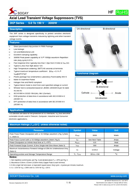 Kp A Datasheet Axial Lead Transient Voltage Suppressors