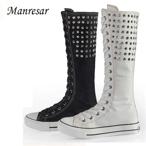 Manresar 2017 Rivet Canvas Boots Ladies Knee High Fashion Shoes Womens Lace Up Punk Emo Canvas