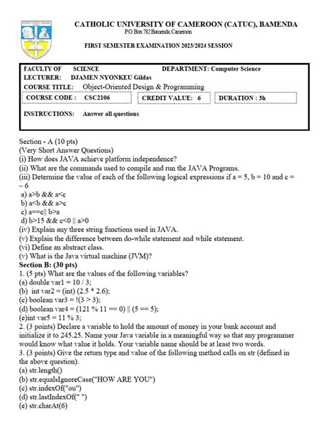 Exam Questions Set 1 Csc2106 Object Oriented Design And Programming Pdf Java Programming