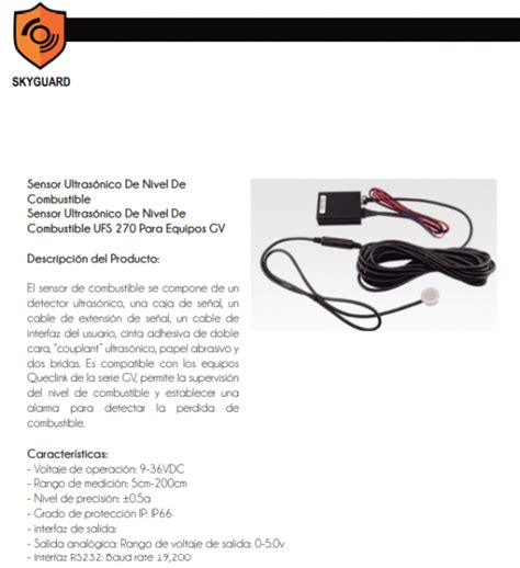 Sensor de Combustible Ultrasonico Hoja Técnica Skyguard GPS Guatemala