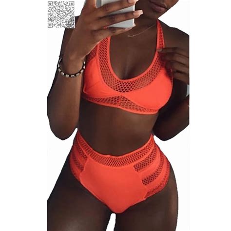 Solid Orange Halter High Waist Bikini Swimsuit Plus Size Bathing