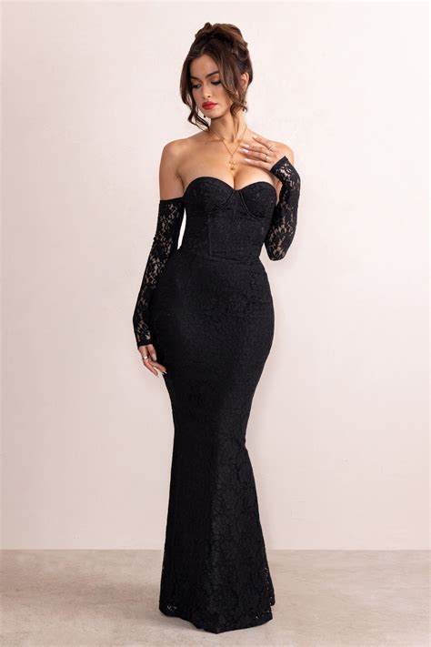 Aniyah Black Lace Bardot Corset Fishtail Maxi Dress With Sheer Lace