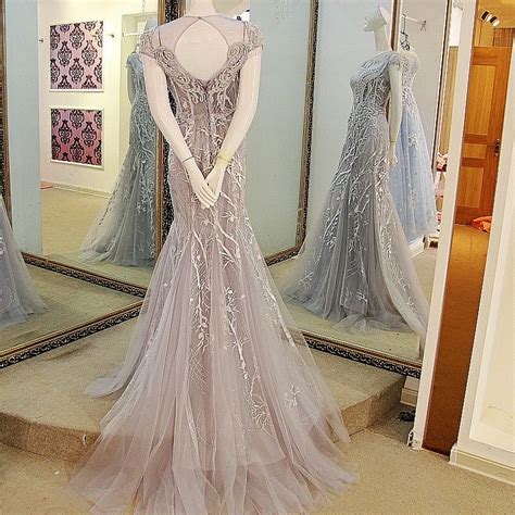 Real Photos Arabic Grey Mermaid Evening Gowns 2017 Heavily Embroideried