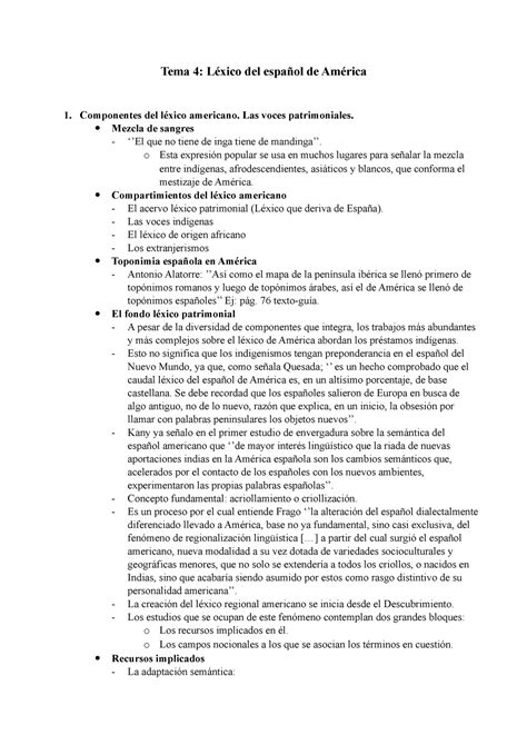 Tema 4 Apunts Tema 4 Tema 4 Léxico Del Español De América 1 Componentes Del Léxico