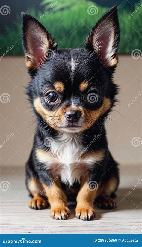 Adorable Chihuahua Puppy Dog In Spotlight Front View Portrait Stock