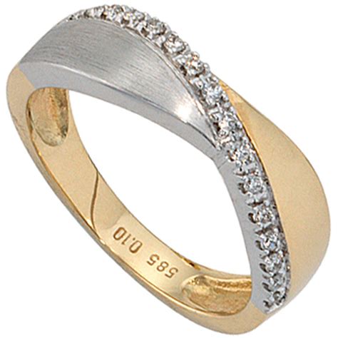 SIGO Damen Ring 585 Gold Gelbgold Weißgold bicolor matt 16 Diamanten