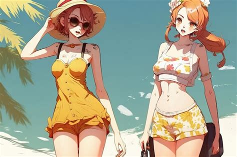 Premium AI Image | Anime girls walk on beach young pretty women on ...