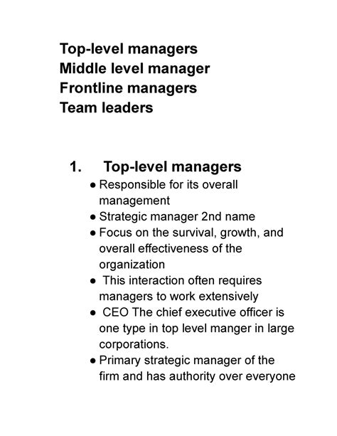 4 Levels Of Management Top Level Managers Middle Level Manager