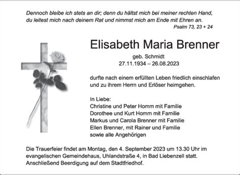 Traueranzeigen Von Elisabeth Maria Brenner Zeit Des Gedenkens De