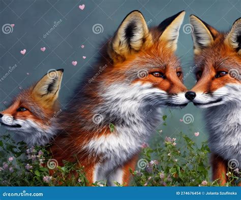 Beautiful Fox Mother And Baby Fox Animals Surrounded By Flying Hearts