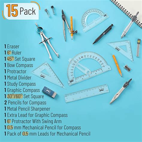 Mr Pen 15 Pcs Geometry Set With Compass Protractor 6 Swing Arm