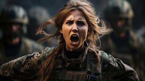 Premium Photo | A woman in military uniform screaming