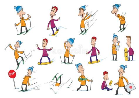 Personnages De Dessin Anim Skieur Et Surfeur Sports Snowboarding Et