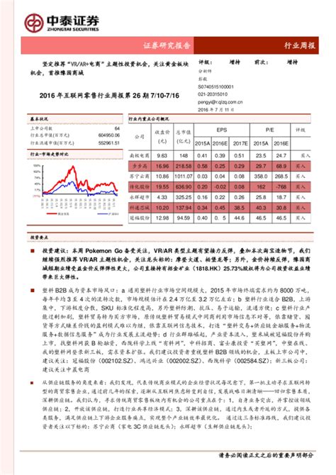 2016年互联网零售行业周报第26期：坚定推荐“vrar电商”主题性投资机会，关注黄金板块机会，首推豫园商城