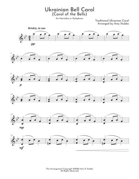 Ukrainian Bell Carol Carol Of The Bells For Marimba Or Xylophone Arr