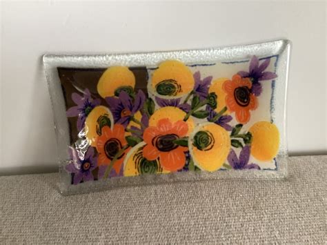 Vintage Peggy Karr Signed And Dated Fused Glass Floral Design