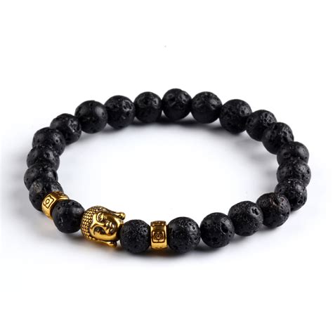 Black Natural Lava Rock Bracelets Gold Plated Buddha Bead Bracelet