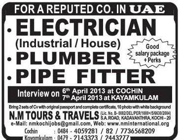 Electrician Plumber Pipe Fitter For UAE Gulf Jobs For Malayalees