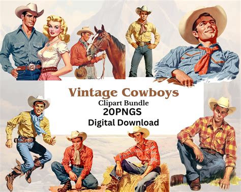 Vintage Cowboy Clipart Bundle, Scrapbooking, Junk Journal, 20 Pngs, Transparent Background, 300 ...