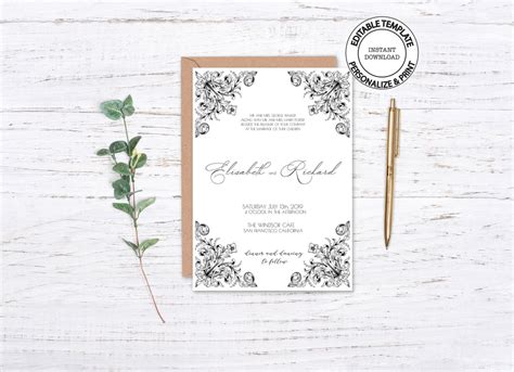 Victorian Style Wedding Invitation Template Editable Vintage Etsy