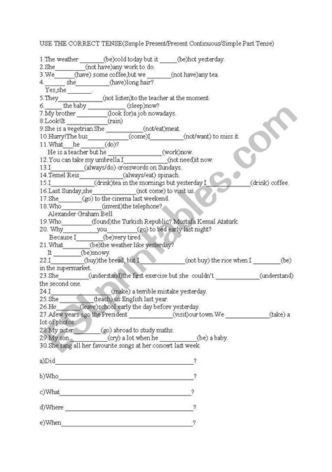 English Worksheets Put The Verbs In Brackets Into The Correct Tense