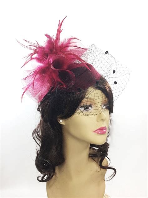 Gorgeous Ladies Burgundy Feather Sinamay Hat W Veil Burgundy Feather