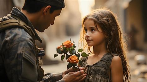 Soldado dando flores a una niña en la guerra como símbolo de paz Día